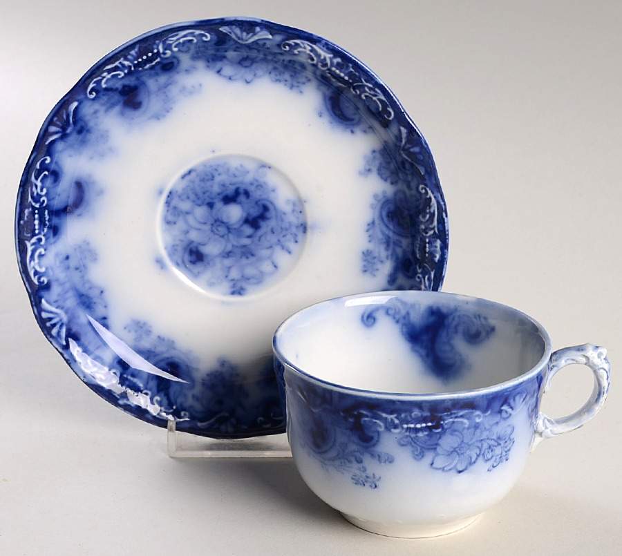 Ormonde Flow Blue (Scalloped and Embossed) Flat Cup & Saucer Set by Alfred Meakin-1