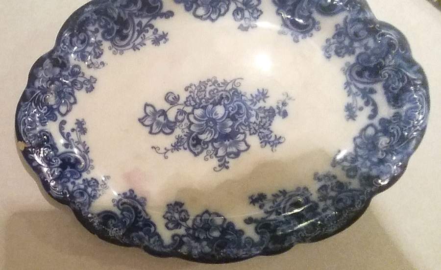 Ormonde Flow Blue (Scalloped and Embossed) 16" Oval Serving Platter by Alfred Meakin-1