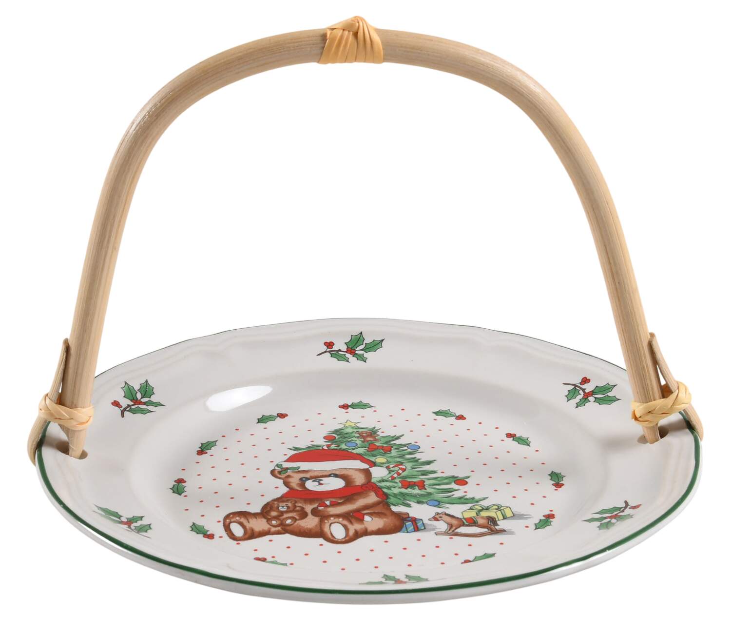 Christmas Tree Bear 5 3/8"-5 5/8" Bamboo Handled Serving Plate  HC by Meiwa-1
