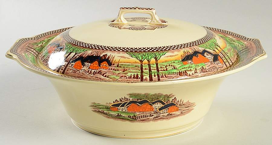 England's Countryside (Smooth, Gold Trim) Round Covered Vegetable by Myott Staffordshire-1