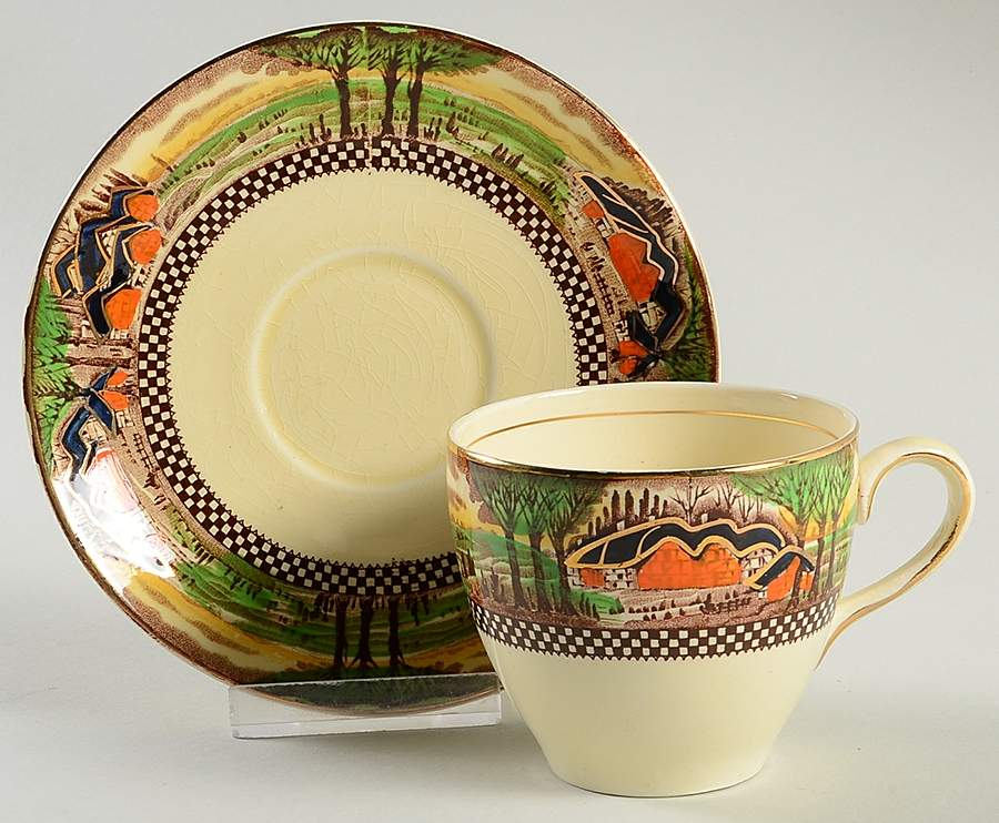 England's Countryside (Smooth, Gold Trim) Flat Cup & Saucer Set by Myott Staffordshire-1