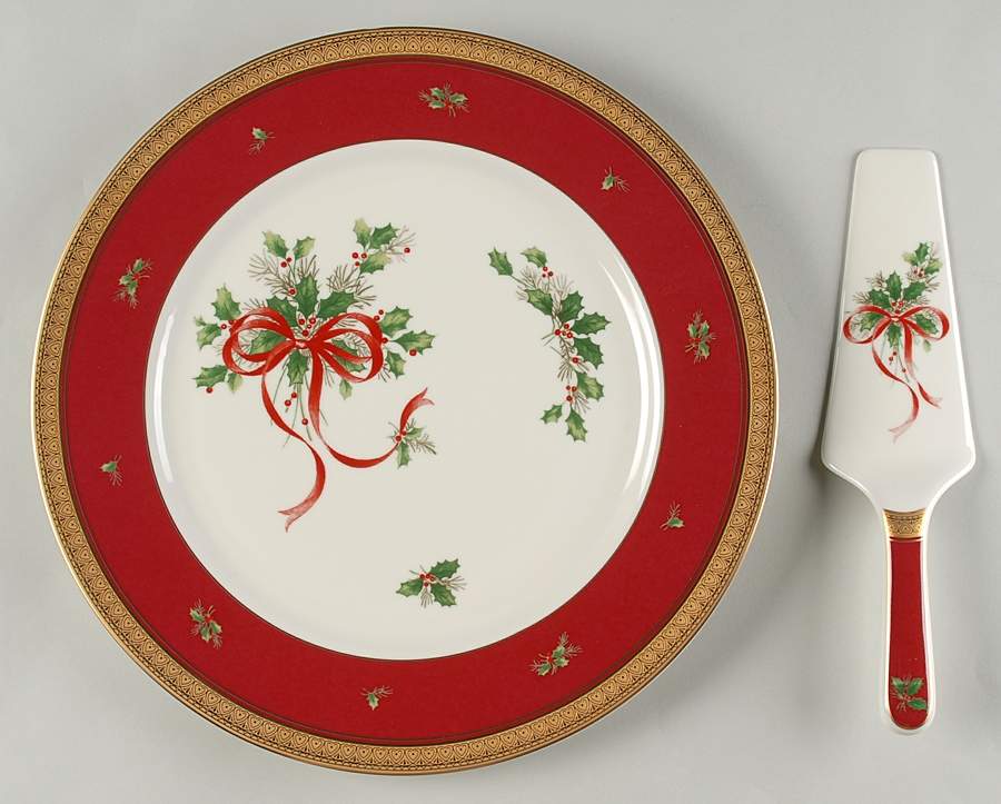 Palatial Holly Gold Cake Plate & Solid Ceramic Server Set (No Box) by Mikasa-1