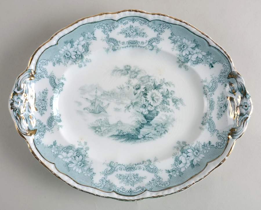 Bombay Blue Green (Scalloped) 10" Oval Serving Platter by John Maddock & Sons-1