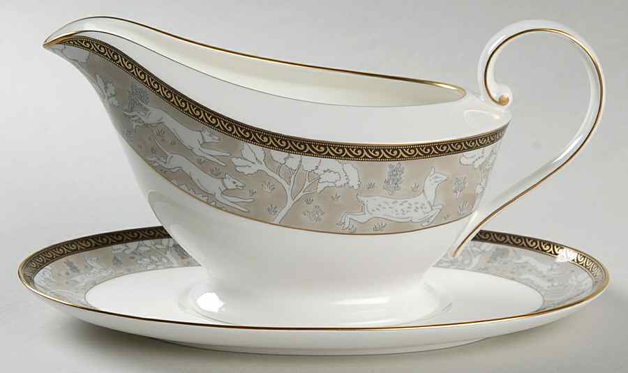 Enchanted Forest Taupe Gravy Boat & Underplate by Mikasa-1