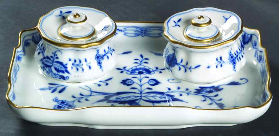 Blue Onion (Gold Trim) Double Ink Pot with Lid and Stand by Meissen (Germany)-1