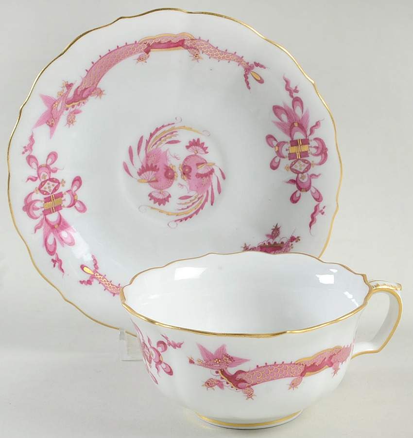 Dragon Pink (Gold Accent) Flat Cup & Saucer Set by Meissen (Germany)-1