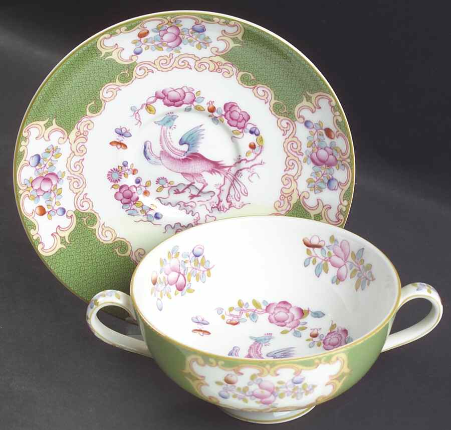 Cockatrice Green (Smooth, Wreath Backstamp) Footed Cream Soup Bowl & Saucer Set by Minton-1