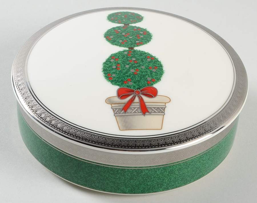 Topiary (Platinum, Green Band Plates) 5" Round Box & Lid by Mikasa-1