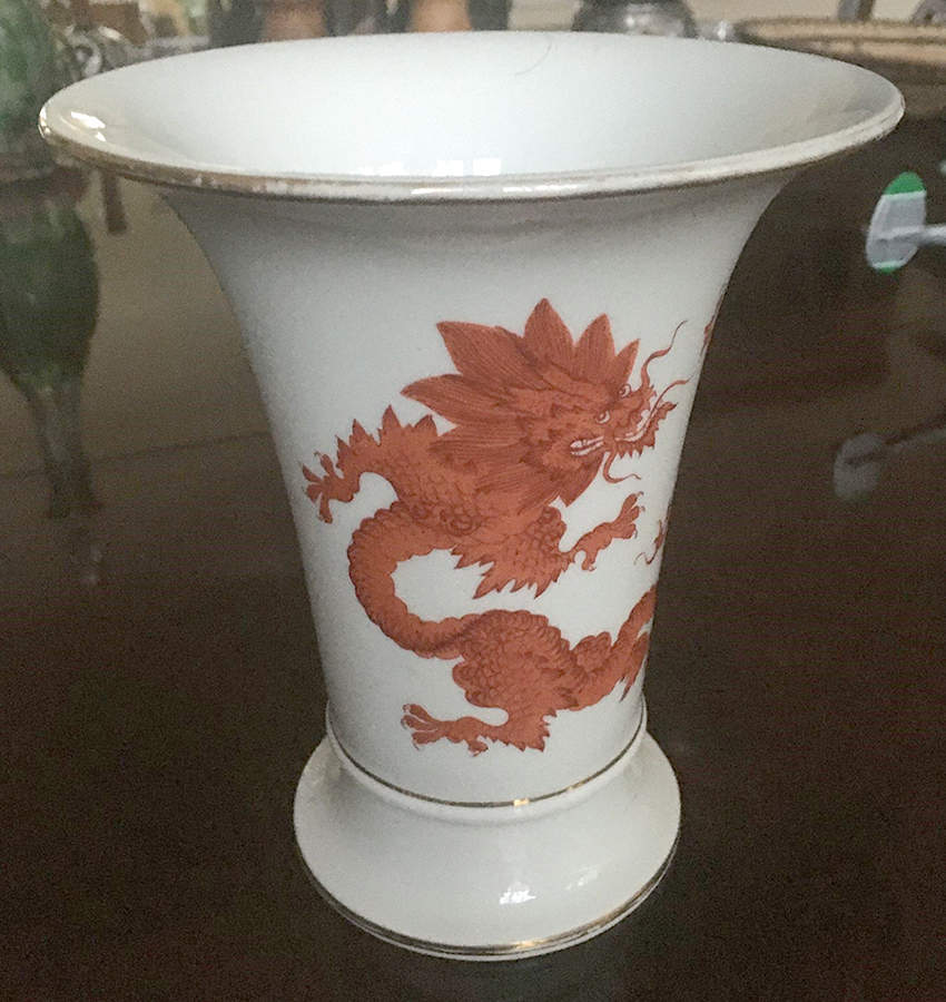 Ming Dragon Red (Ornate, No Band Border) 7" Vase by Meissen (Germany)-1