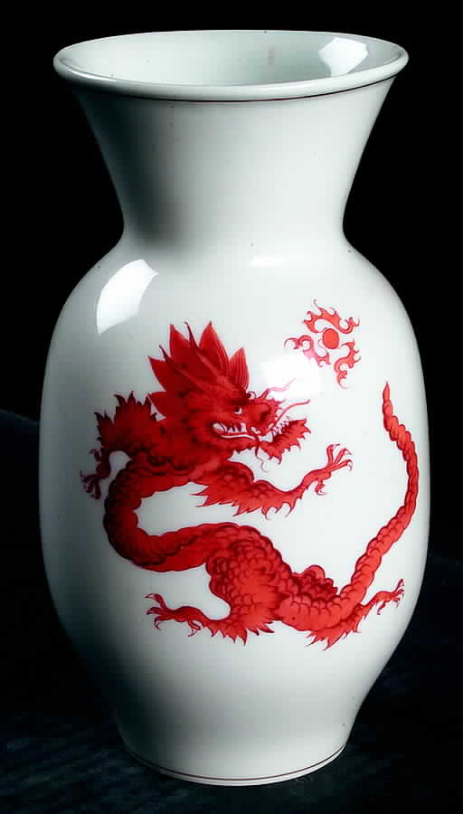 Ming Dragon Red (Ornate, No Band Border) 7" Vase by Meissen (Germany)-1