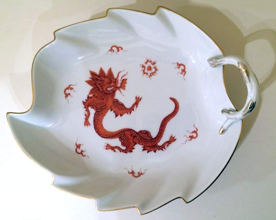 Ming Dragon Red (Ornate, No Band Border) Handled Leaf Dish by Meissen (Germany)-1
