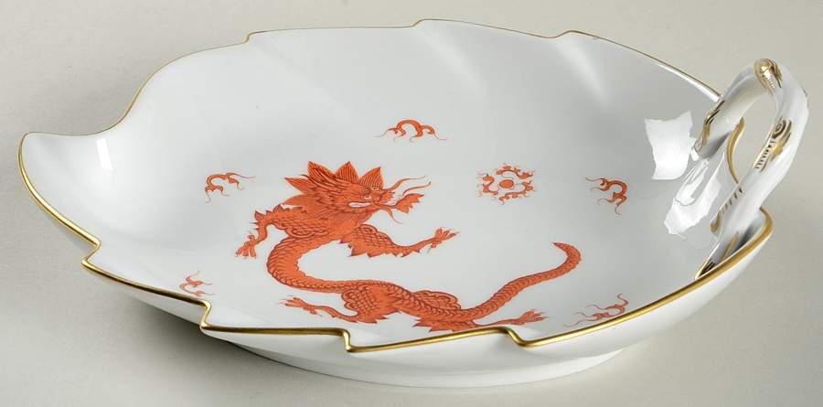 Ming Dragon Red (Ornate, No Band Border) 9" Leaf Dish by Meissen (Germany)-1