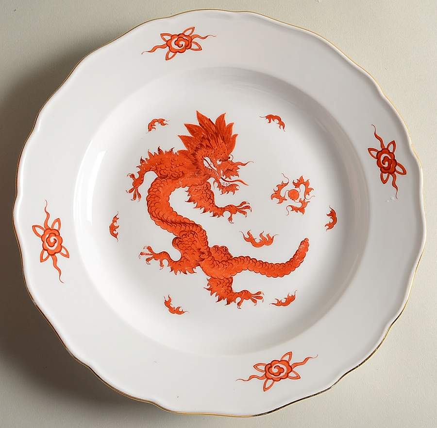 Ming Dragon Red (Ornate, No Band Border) Dinner Plate by Meissen (Germany)-1