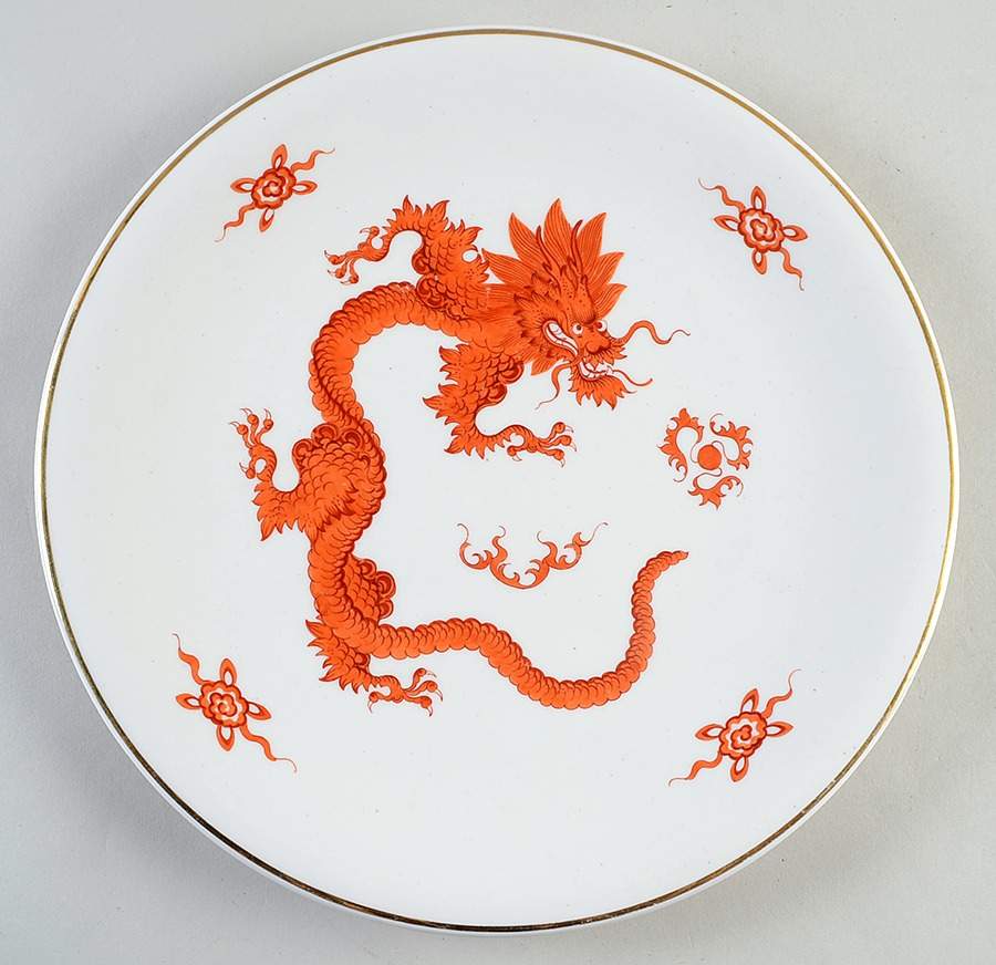 Ming Dragon Red (Ornate, No Band Border) Cake Plate by Meissen (Germany)-1
