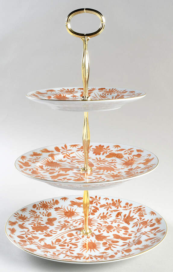 Sacred Bird & Butterfly (2004, Gold Accents) 13 7/8"-14 1/4" 3-Tiered Serving Tray(DP,SP,BB) HC by Mottahedeh-1