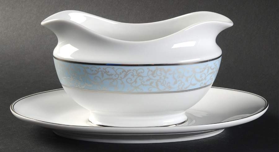 Parchment Blue Gravy Boat & Underplate by Mikasa-1