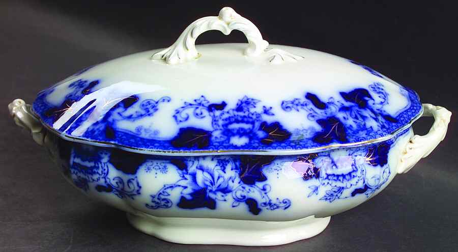 Roseville (Flow Blue, Gold Accent) Oval Covered Vegetable by John Maddock & Sons-1