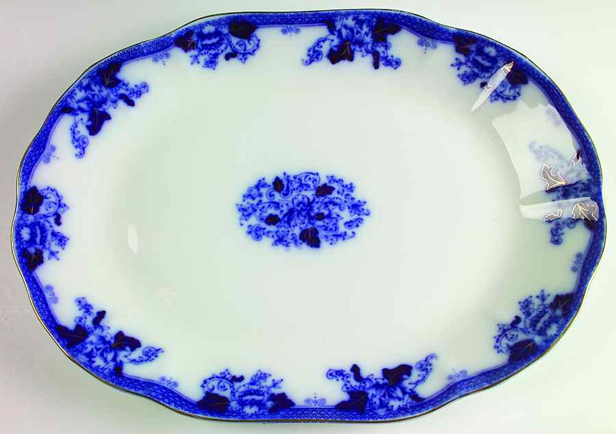 Roseville (Flow Blue, Gold Accent) 18" Oval Serving Platter by John Maddock & Sons-1