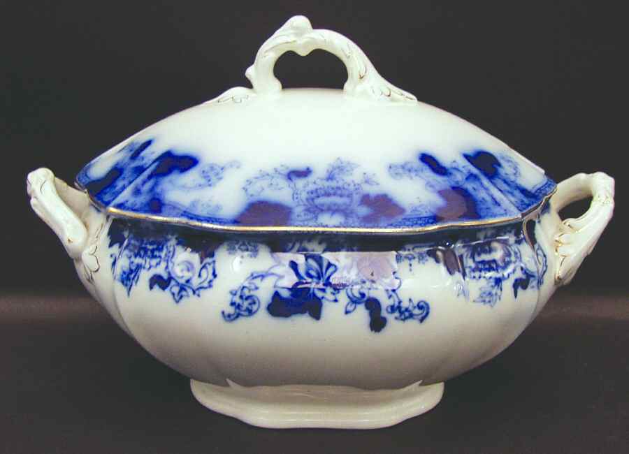 Roseville (Flow Blue, Gold Accent) Oval Tureen & Lid by John Maddock & Sons-1