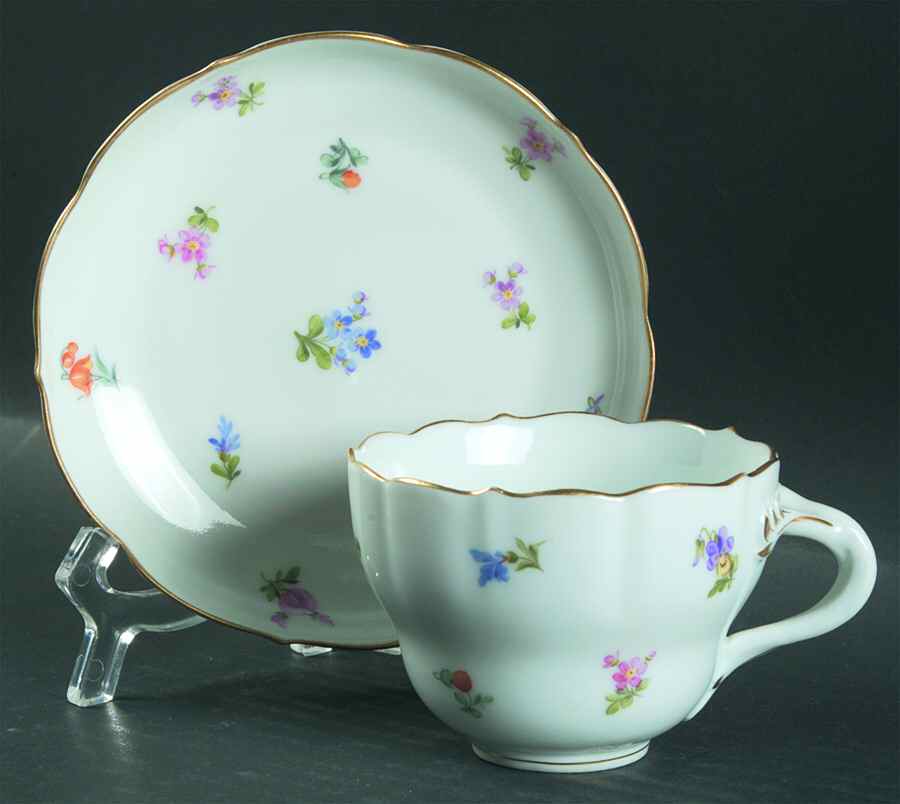 Scattered Flowers (Oval Backstamp Footed Cup & Saucer Set by Meissen (Germany)-1