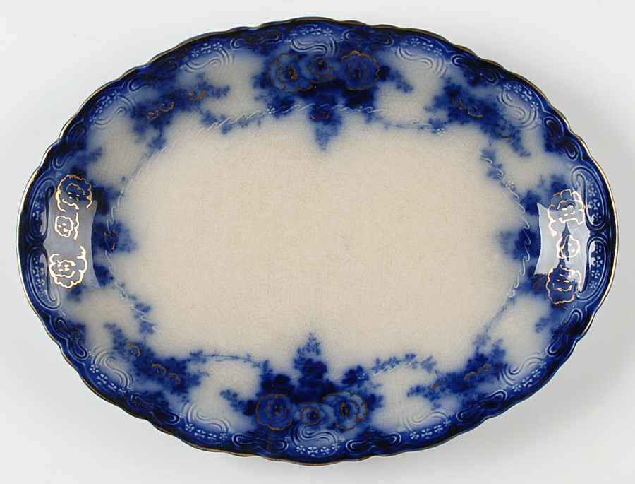 Devon (Flow Blue, Gold Accent and Trim) 12" Oval Serving Platter by Alfred Meakin-1