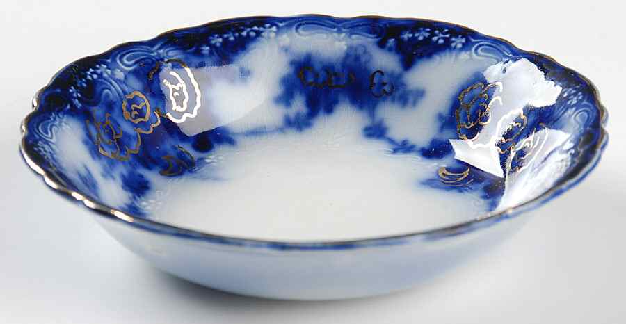 Devon (Flow Blue, Gold Accent and Trim) Fruit/Dessert (Sauce) Bowl by Alfred Meakin-1