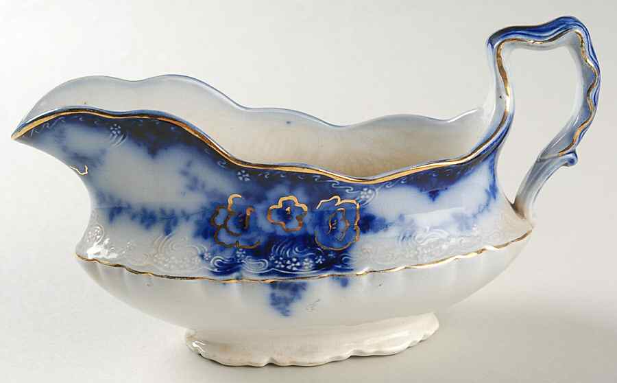Devon (Flow Blue, Gold Accent and Trim) Gravy Boat by Alfred Meakin-1