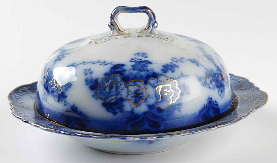 Devon (Flow Blue, Gold Accent and Trim) Round Covered Butter by Alfred Meakin-1