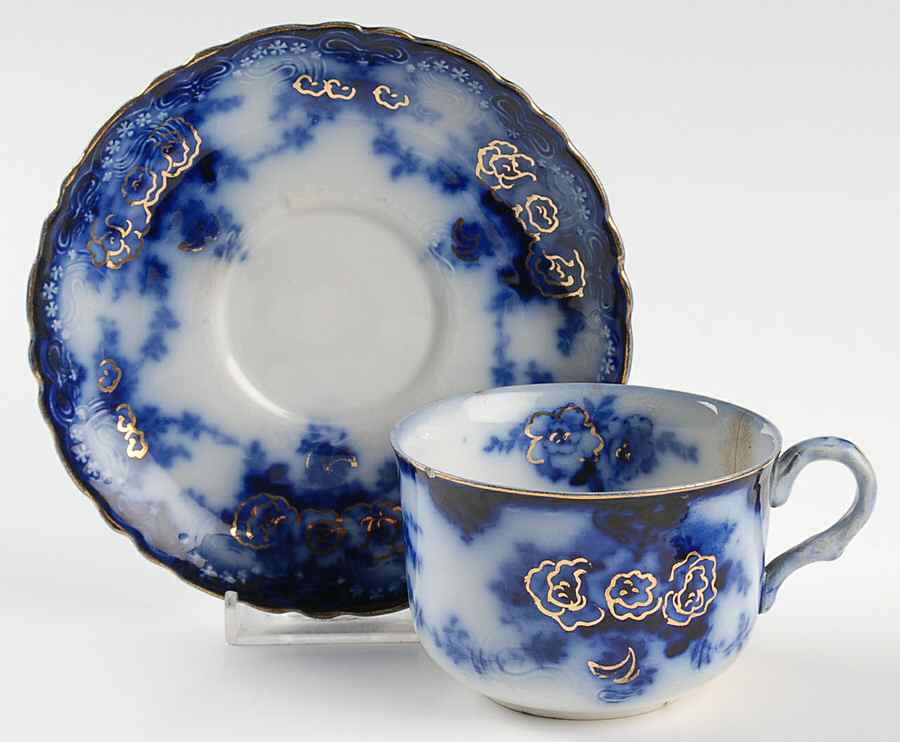Devon (Flow Blue, Gold Accent and Trim) Flat Cup & Saucer Set by Alfred Meakin-1