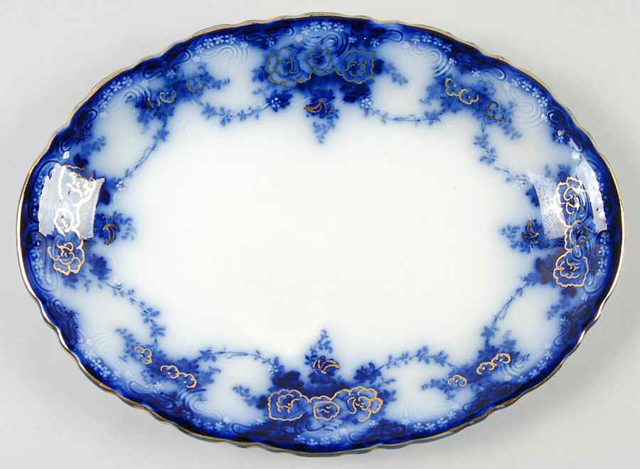 Devon (Flow Blue, Gold Accent and Trim) 10" Oval Serving Platter by Alfred Meakin-1
