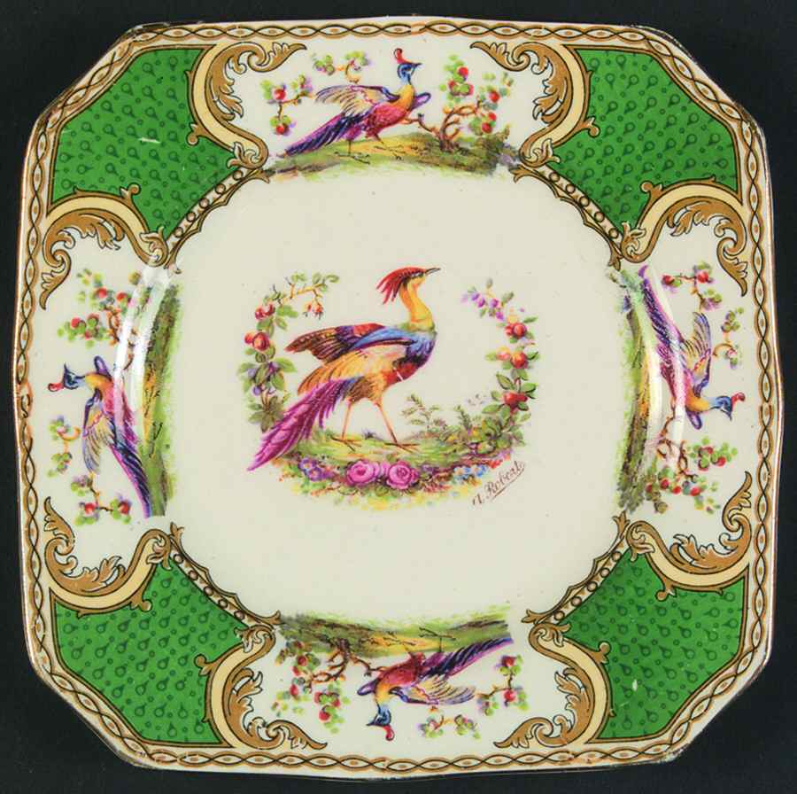 Chelsea Bird Green (No Enamel) Square Bread & Butter Plate by Myott Staffordshire-1