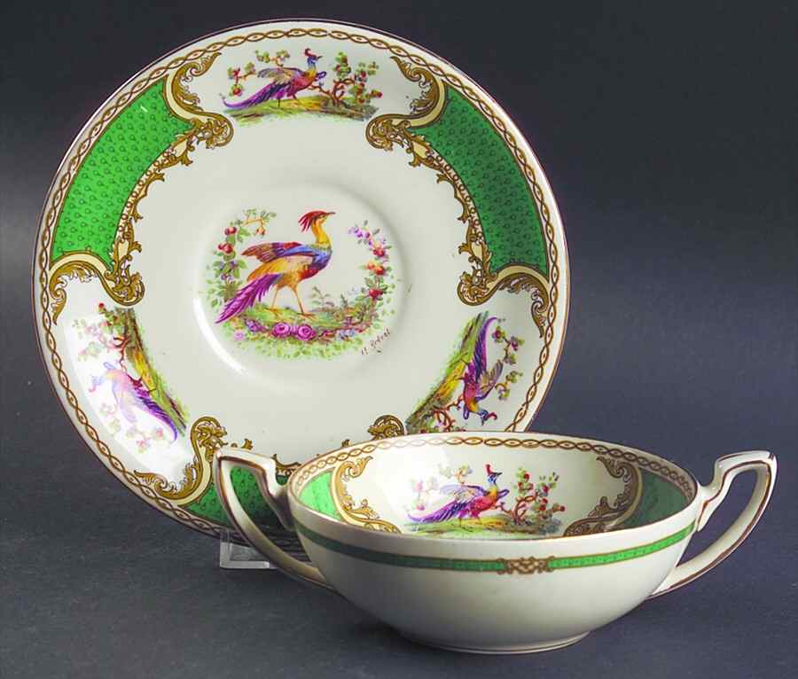 Chelsea Bird Green (No Enamel) Flat Cream Soup Bowl & Saucer Set by Myott Staffordshire-1