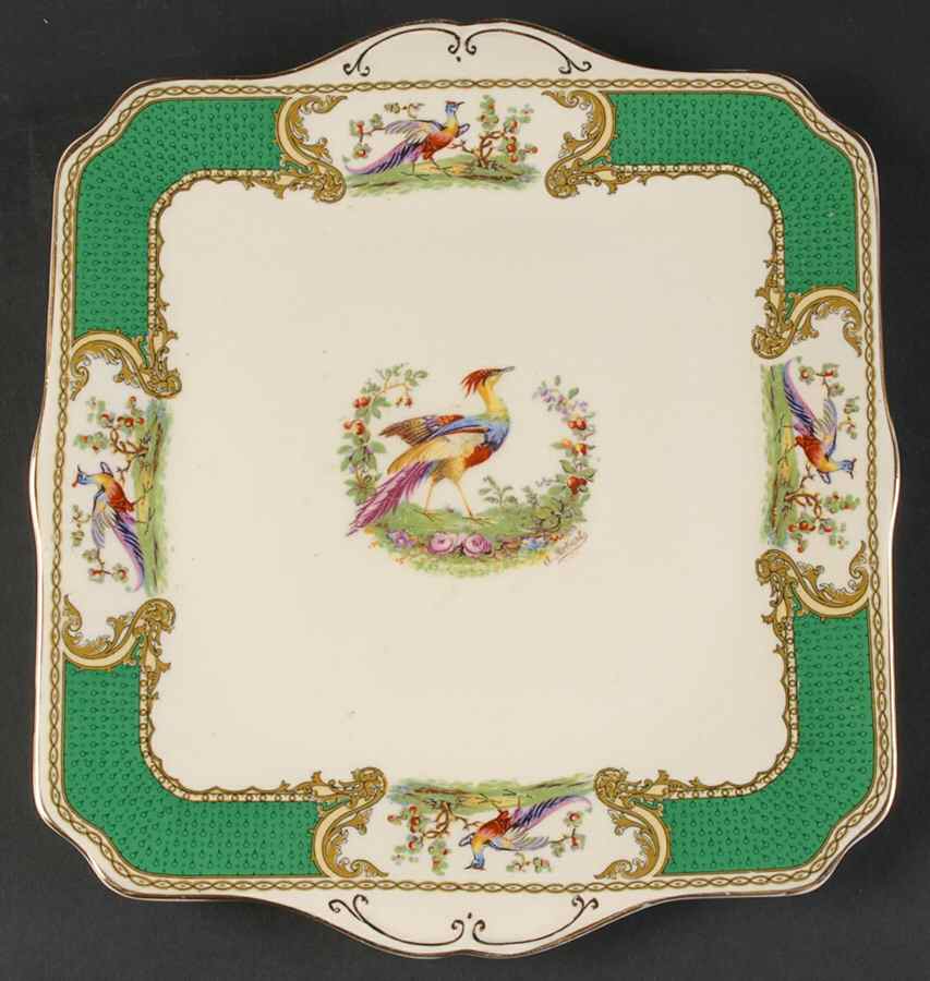 Chelsea Bird Green (No Enamel) Square Handled Cake Plate by Myott Staffordshire-1
