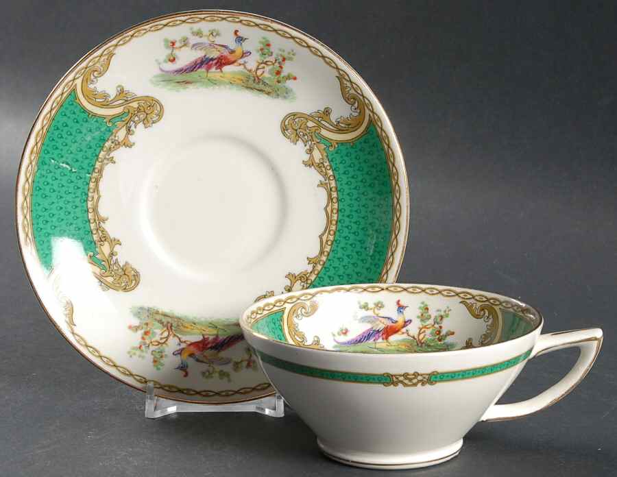 Chelsea Bird Green (No Enamel) Footed Cup & Saucer Set by Myott Staffordshire-1