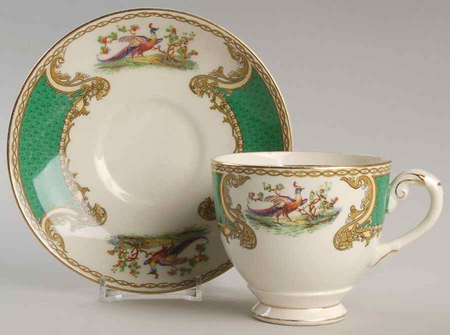 Chelsea Bird Green (No Enamel) Footed Cup & Saucer Set by Myott Staffordshire-1