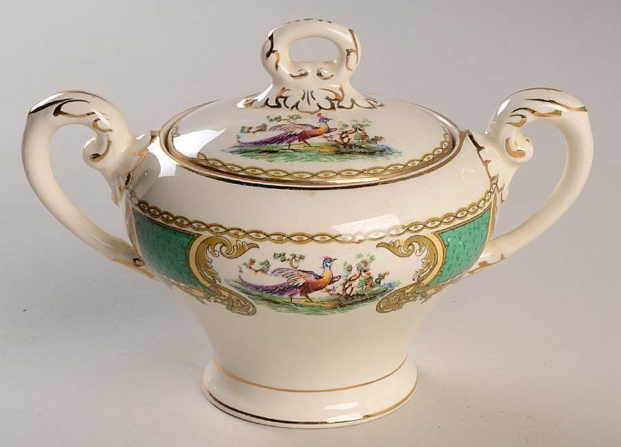Chelsea Bird Green (No Enamel) Sugar Bowl & Lid by Myott Staffordshire-1
