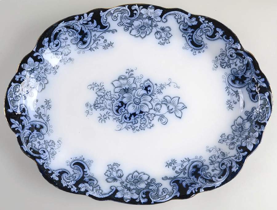 Ormonde Flow Blue (Gold Trim and Embossed) 17" Oval Serving Platter by Alfred Meakin-1
