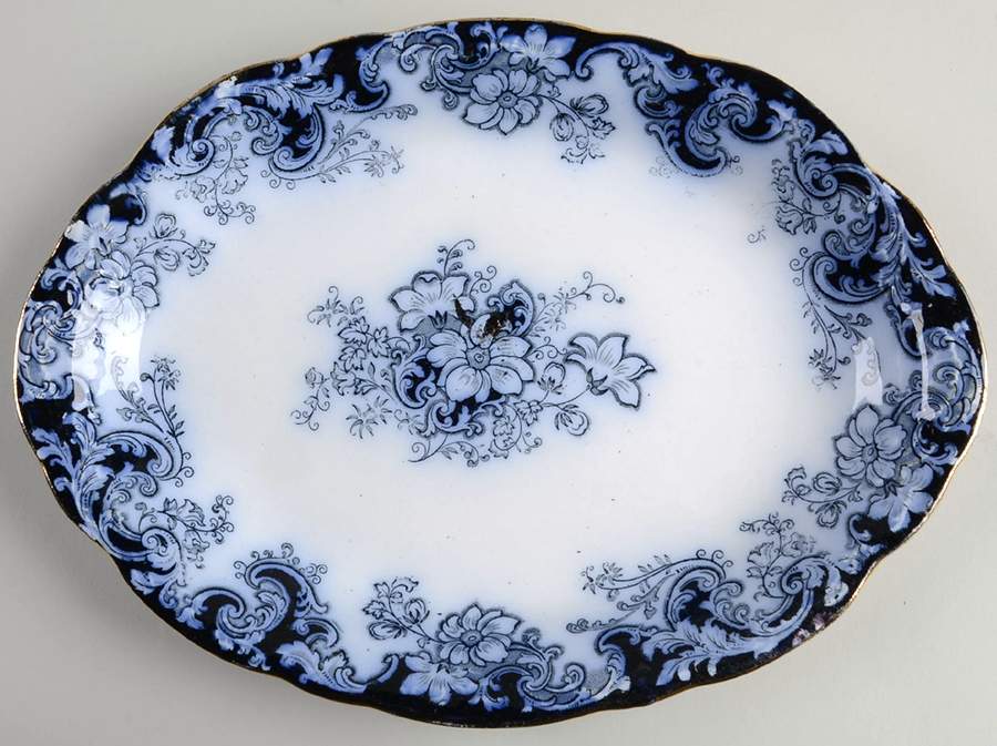 Ormonde Flow Blue (Gold Trim and Embossed) 10" Oval Serving Platter by Alfred Meakin-1