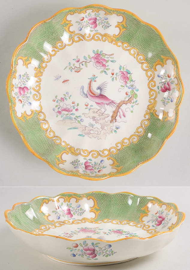 Cockatrice Green (Scalloped, Yellow Trim) 8" Shallow Round Bowl by Minton-1