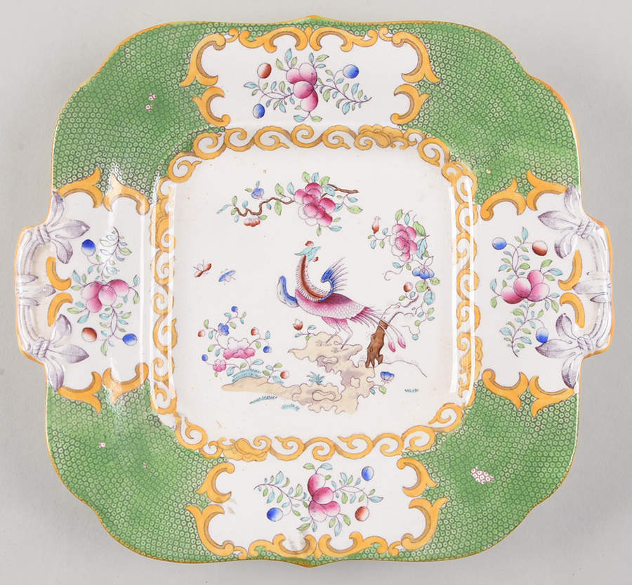 Cockatrice Green (Scalloped, Yellow Trim) Square Handled Cake Plate by Minton-1