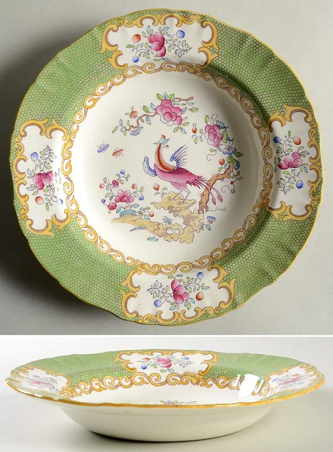 Cockatrice Green (Scalloped, Yellow Trim) Large Rim Soup Bowl by Minton-1