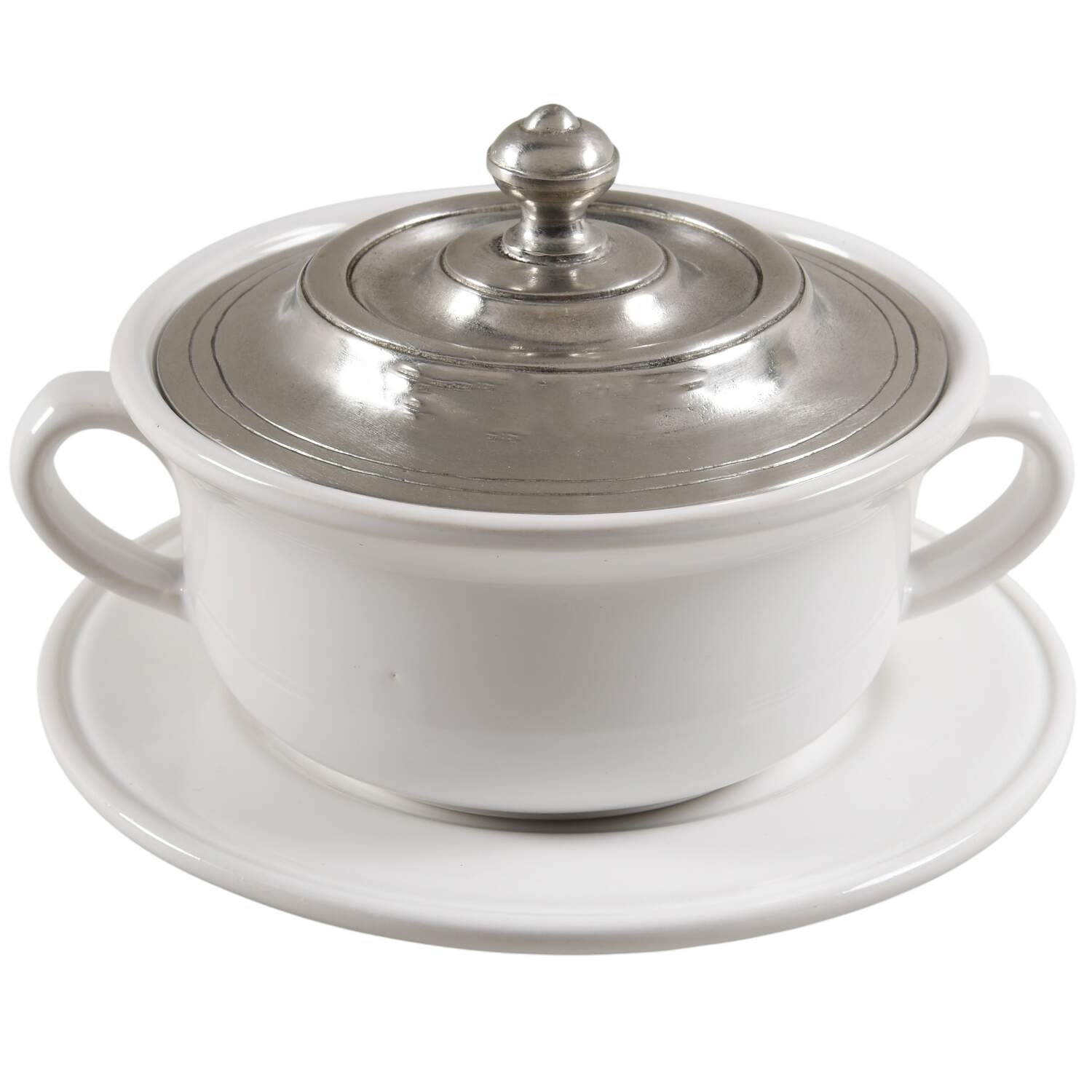 Convivio White Cream Soup Bowl & Saucer Set with Lid by Match Pewter-1