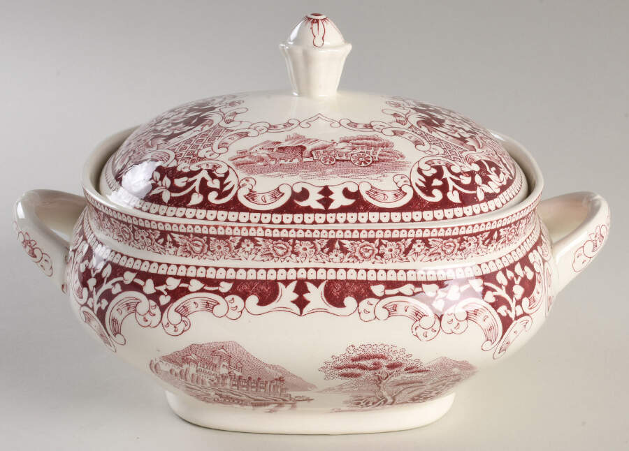 Old England Maroon Oval Covered Vegetable by Myott Staffordshire-1
