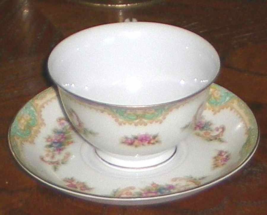 Sunnyvale (Green Border) Footed Cup & Saucer Set by Monarch (Japan)-1