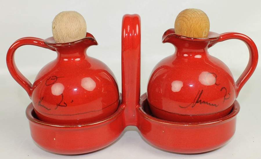 Classic Collection Red 2 Oil/Vinegar W/Wood Stoppers & Ctr Handled Tray by Mamma Ro-1