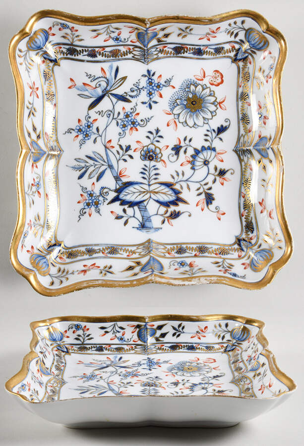 Blue Onion Rich 9" Square Shallow Salad Serving Bowl by Meissen (Germany)-1