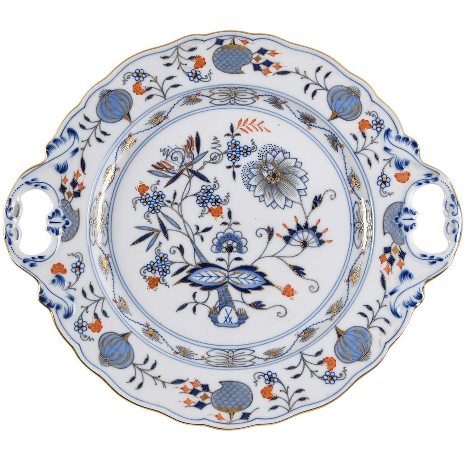 Blue Onion Rich Handled Cake Plate by Meissen (Germany)-1
