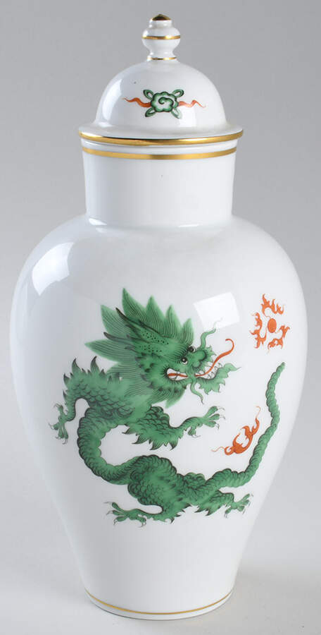 Ming Dragon Green (Ornate, No Band Border Vase/Urn & Lid by Meissen (Germany)-1