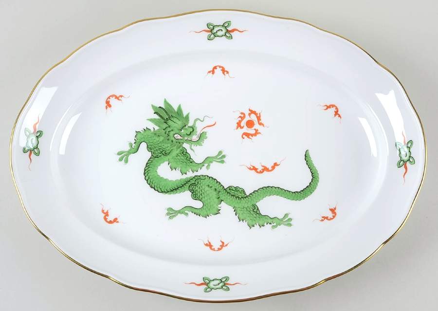 Ming Dragon Green (Ornate, No Band Border 16" Oval Serving Platter by Meissen (Germany)-1