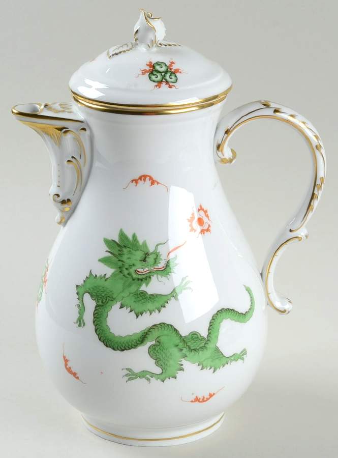 Ming Dragon Green (Ornate, No Band Border Coffee Pot & Lid by Meissen (Germany)-1
